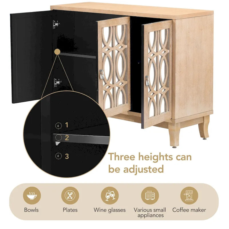 Sideboard with Glass Doors, 3 Door Mirrored Buffet Cabinet with Silver Handle for Living Room, Hallway, Dining Room