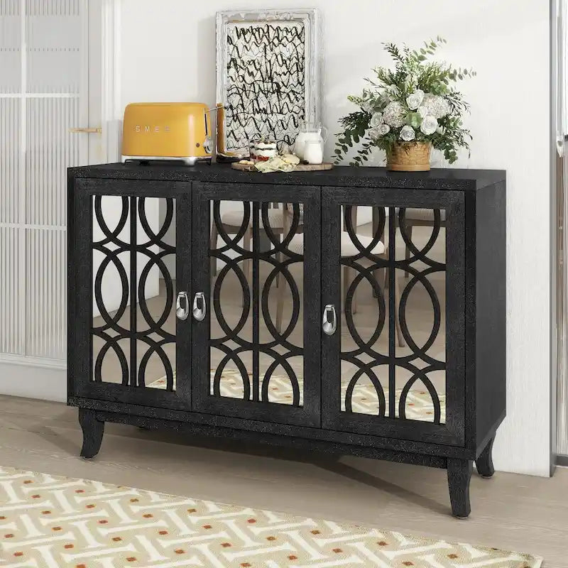 Sideboard with Glass Doors, 3 Door Mirrored Buffet Cabinet with Silver Handle for Living Room, Hallway, Dining Room