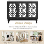 Sideboard with Glass Doors, 3 Door Mirrored Buffet Cabinet with Silver Handle for Living Room, Hallway, Dining Room