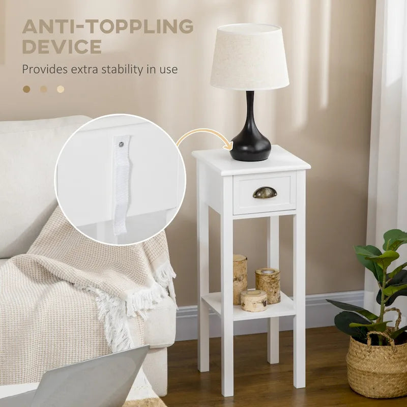 2-Tier Side Table with Drawer, Narrow End Table with Bottom Shelf, for Living Room or Bedroom, White
