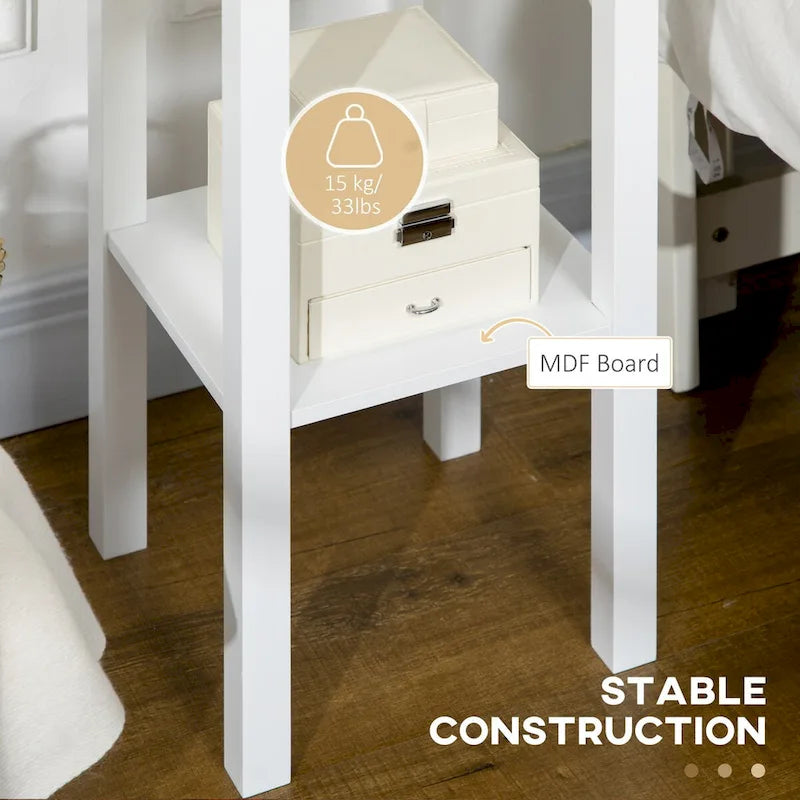 2-Tier Side Table with Drawer, Narrow End Table with Bottom Shelf, for Living Room or Bedroom, White