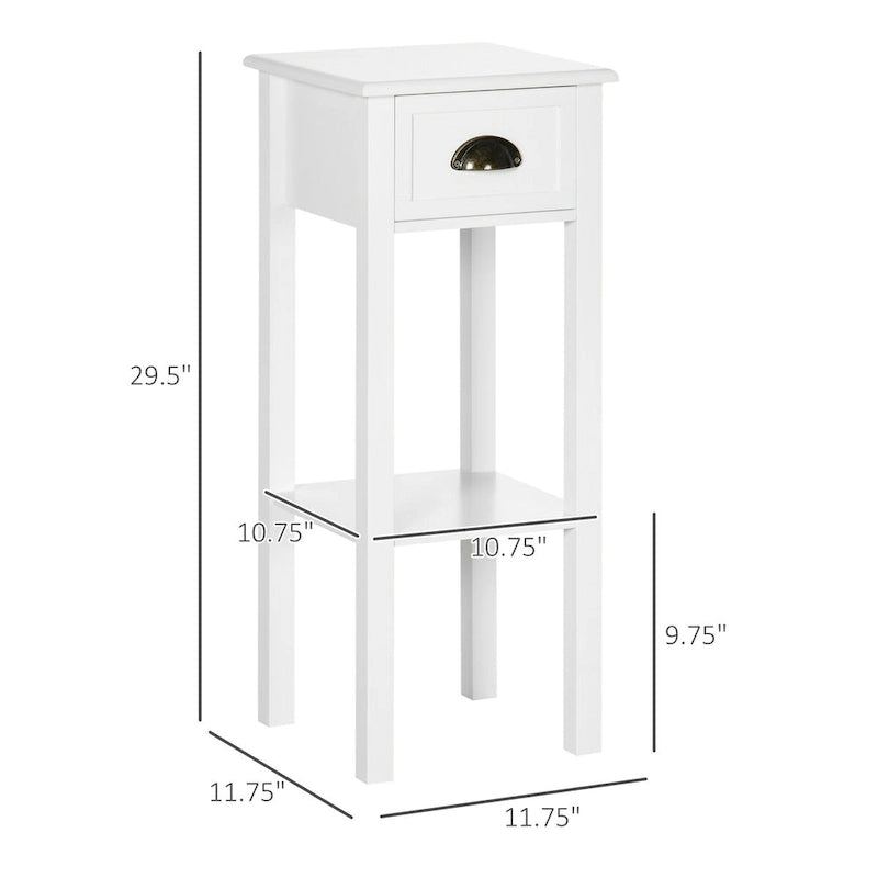 2-Tier Side Table with Drawer, Narrow End Table with Bottom Shelf, for Living Room or Bedroom, White