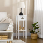 2-Tier Side Table with Drawer, Narrow End Table with Bottom Shelf, for Living Room or Bedroom, White