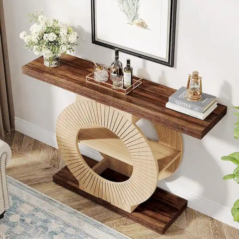 Farmhouse Console Table Wood Entry Table with Storage Shelves for Living Room