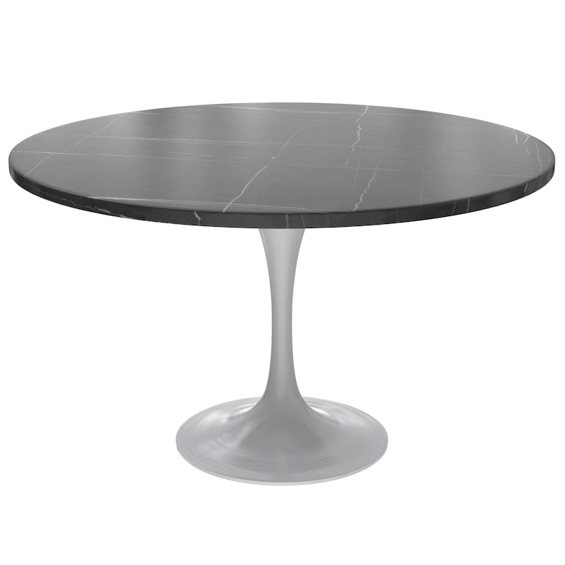 LeisureMod Verve 48 Round Dining Table with Stone TableTop and White Steel Base for Kitchen & Dining Room