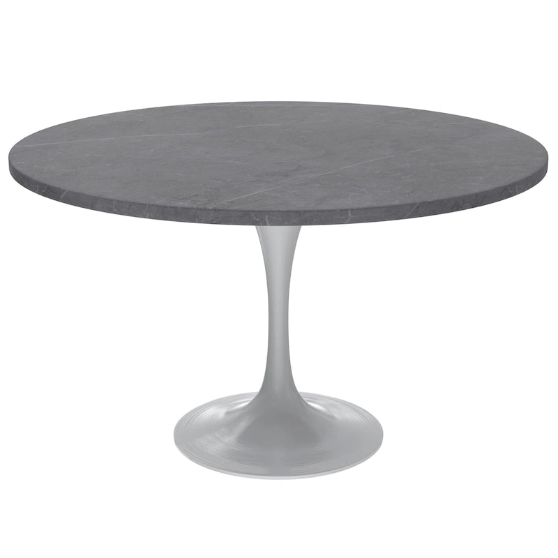 LeisureMod Verve 48 Round Dining Table with Stone TableTop and White Steel Base for Kitchen & Dining Room
