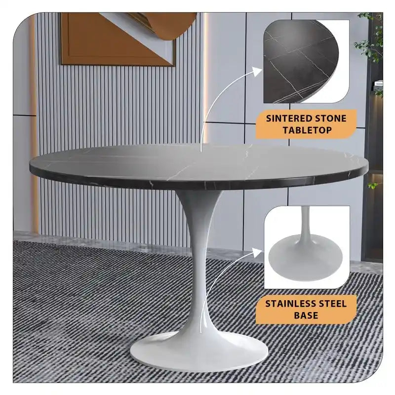 LeisureMod Verve 48 Round Dining Table with Stone TableTop and White Steel Base for Kitchen & Dining Room