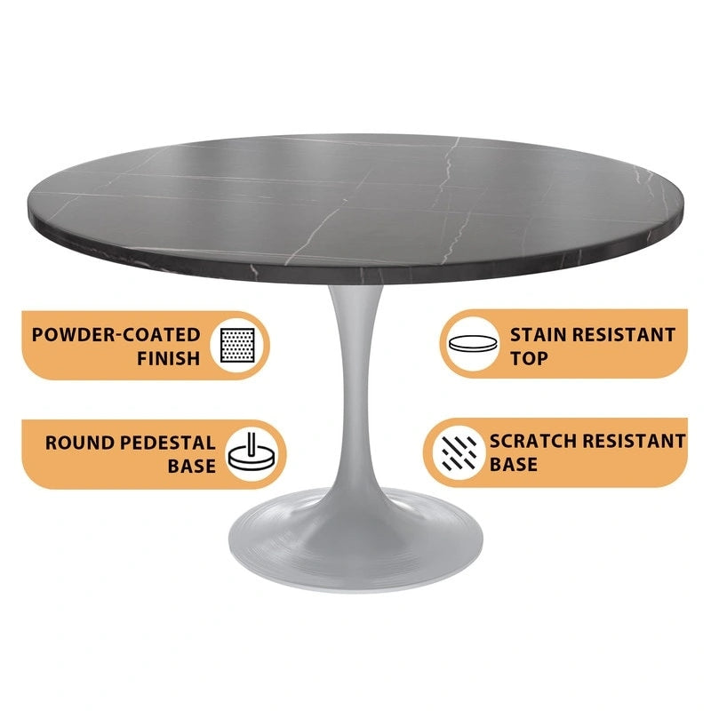 LeisureMod Verve 48 Round Dining Table with Stone TableTop and White Steel Base for Kitchen & Dining Room
