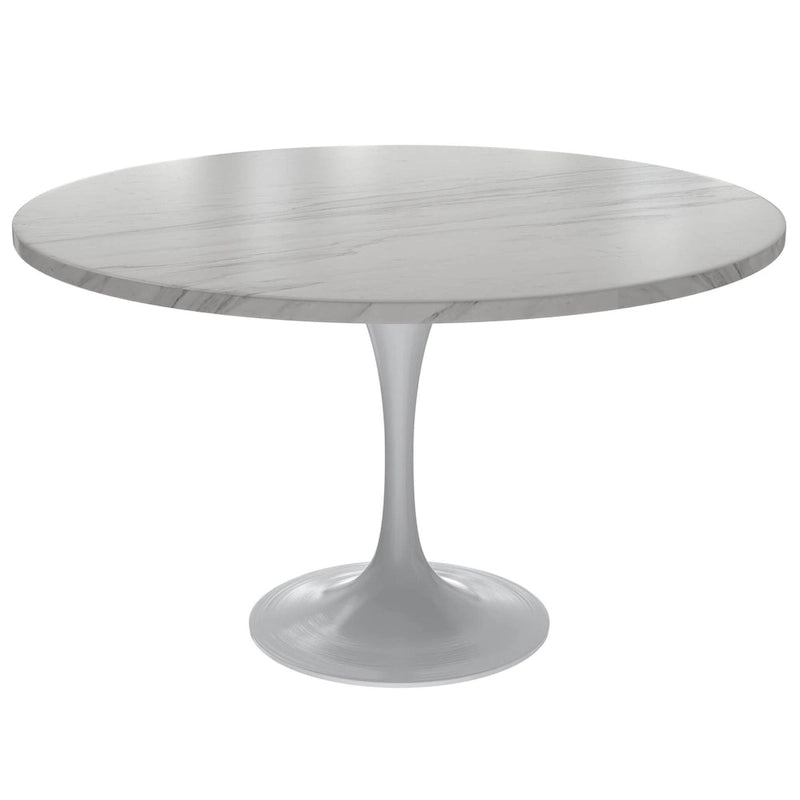 LeisureMod Verve 48 Round Dining Table with Stone TableTop and White Steel Base for Kitchen & Dining Room