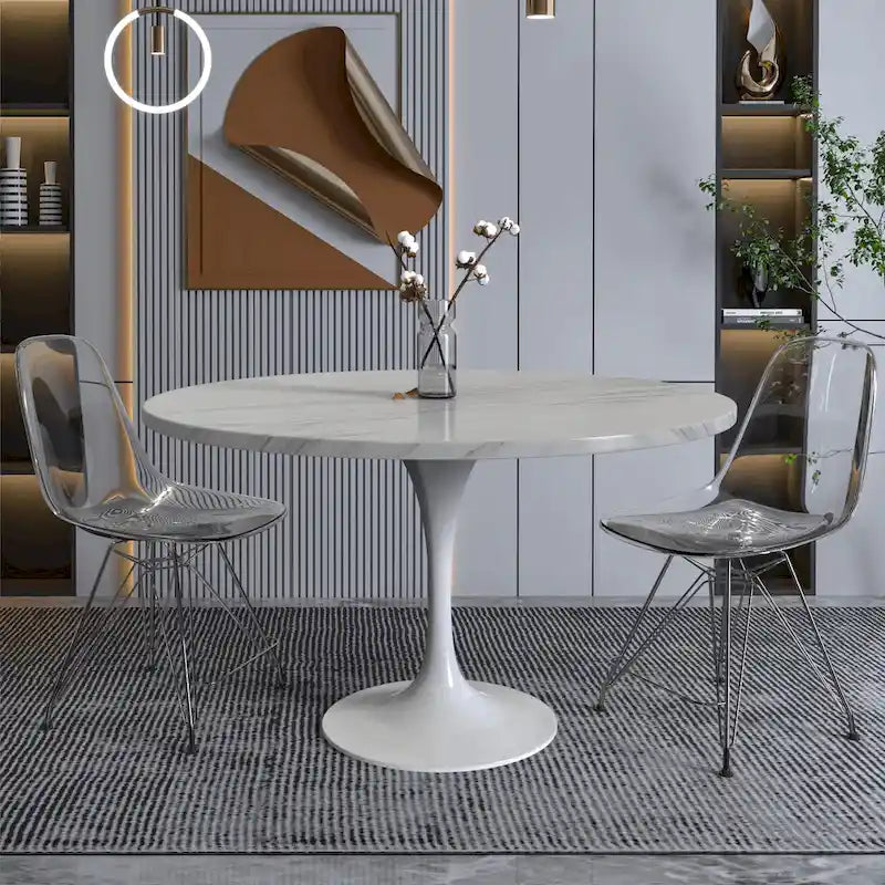 LeisureMod Verve 48 Round Dining Table with Stone TableTop and White Steel Base for Kitchen & Dining Room