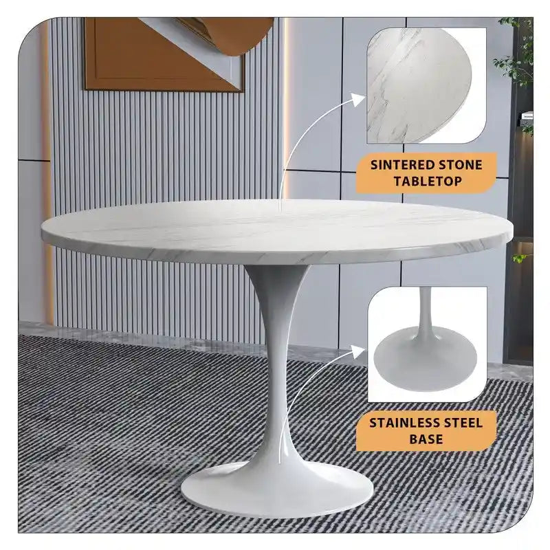 LeisureMod Verve 48 Round Dining Table with Stone TableTop and White Steel Base for Kitchen & Dining Room