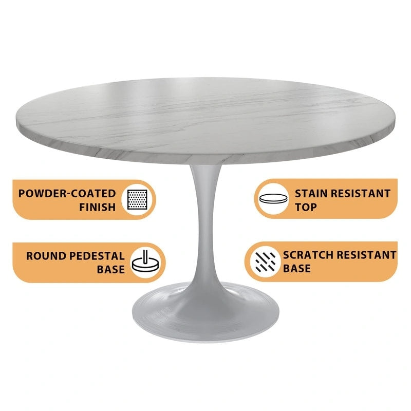 LeisureMod Verve 48 Round Dining Table with Stone TableTop and White Steel Base for Kitchen & Dining Room