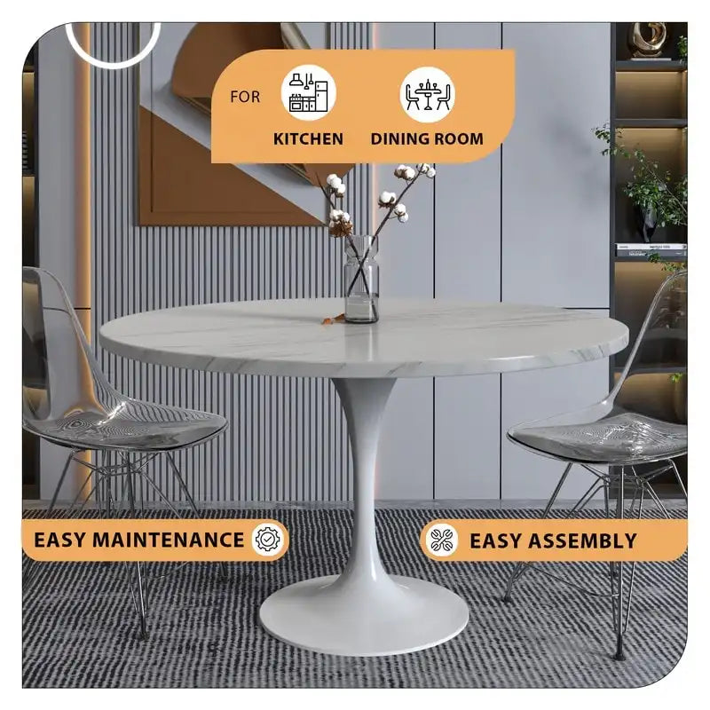 LeisureMod Verve 48 Round Dining Table with Stone TableTop and White Steel Base for Kitchen & Dining Room