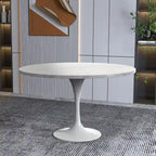 LeisureMod Verve 48 Round Dining Table with Stone TableTop and White Steel Base for Kitchen & Dining Room