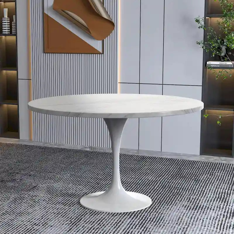 LeisureMod Verve 48 Round Dining Table with Stone TableTop and White Steel Base for Kitchen & Dining Room