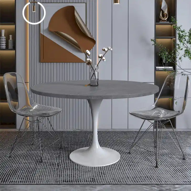 LeisureMod Verve 48 Round Dining Table with Stone TableTop and White Steel Base for Kitchen & Dining Room