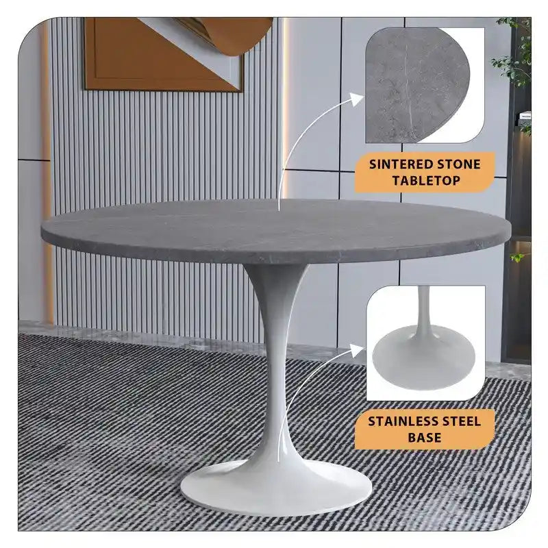 LeisureMod Verve 48 Round Dining Table with Stone TableTop and White Steel Base for Kitchen & Dining Room