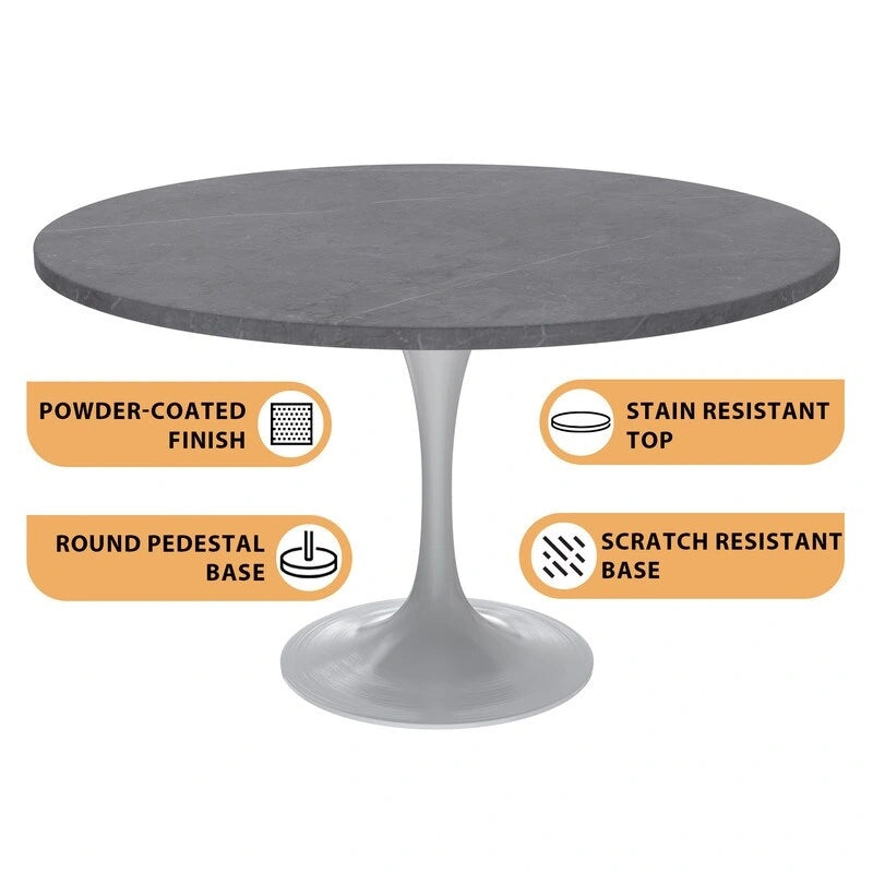 LeisureMod Verve 48 Round Dining Table with Stone TableTop and White Steel Base for Kitchen & Dining Room