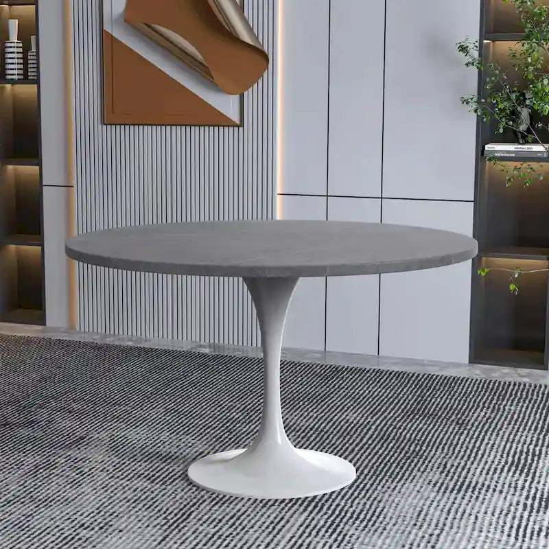 LeisureMod Verve 48 Round Dining Table with Stone TableTop and White Steel Base for Kitchen & Dining Room
