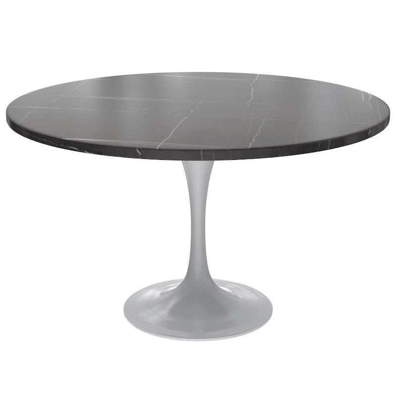 LeisureMod Verve 48 Round Dining Table with Stone TableTop and White Steel Base for Kitchen & Dining Room