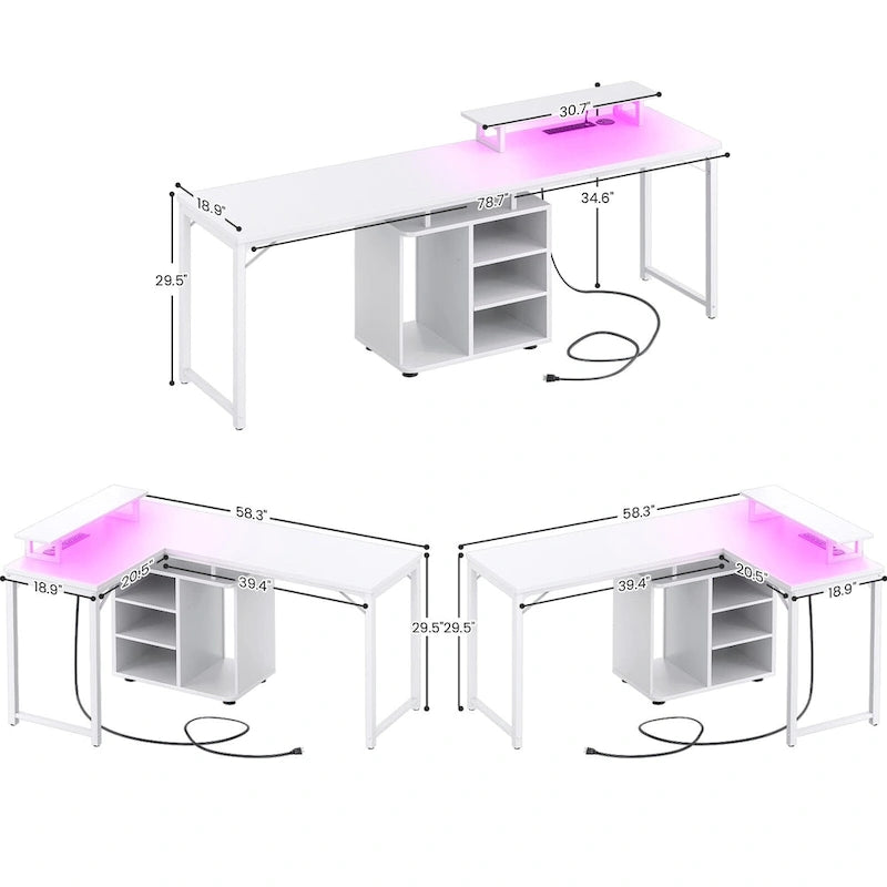 58.3 L-Shaped Gaming Desk with Storage Cube, Office Computer Table with USB Ports and LED Lights