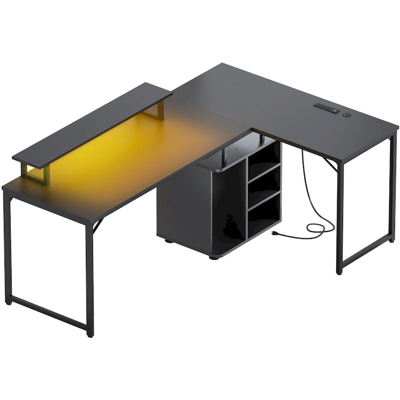 58.3 L-Shaped Gaming Desk with Storage Cube, Office Computer Table with USB Ports and LED Lights