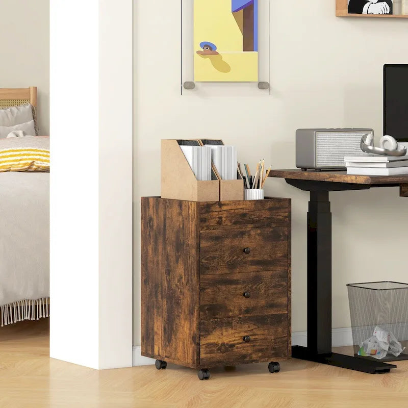 HOMCOM 3 Drawer Home Office Storage Cabinet, Office Drawer on Wheels with Removable Tray, Under Desk Printer Stand with Storage