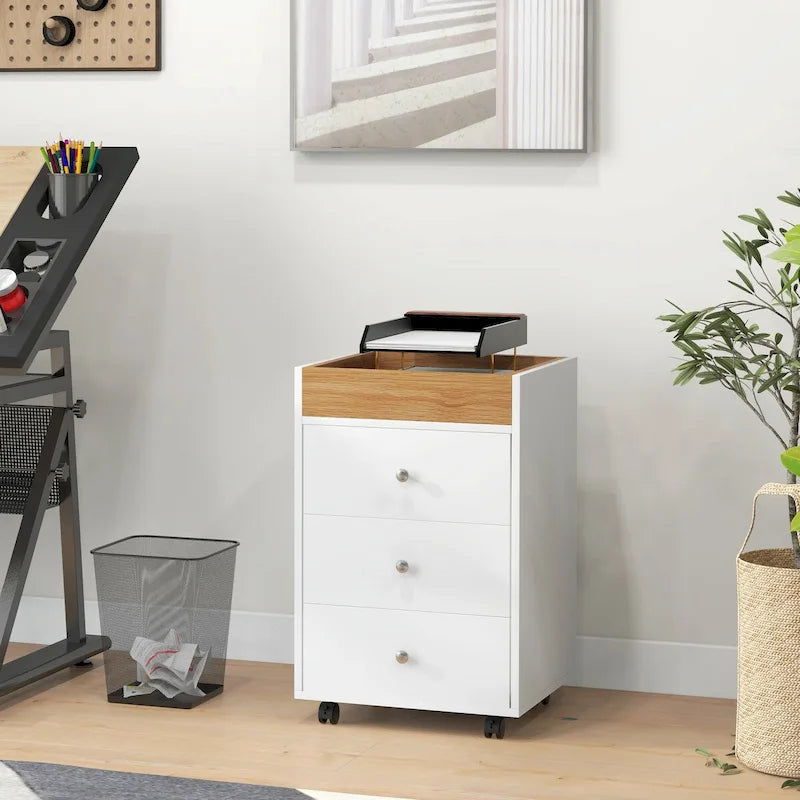 HOMCOM 3 Drawer Home Office Storage Cabinet, Office Drawer on Wheels with Removable Tray, Under Desk Printer Stand with Storage