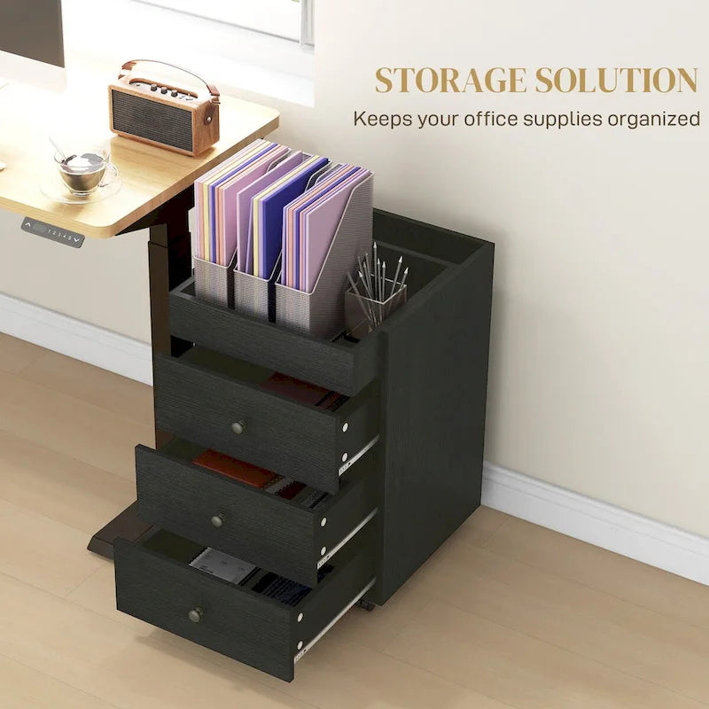 HOMCOM 3 Drawer Home Office Storage Cabinet, Office Drawer on Wheels with Removable Tray, Under Desk Printer Stand with Storage