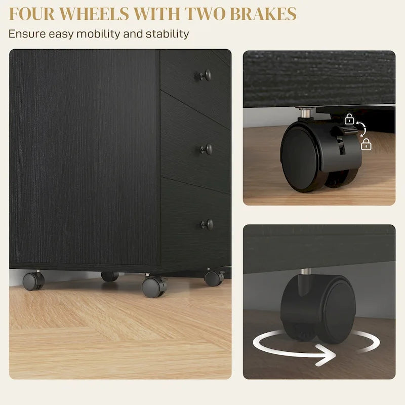 HOMCOM 3 Drawer Home Office Storage Cabinet, Office Drawer on Wheels with Removable Tray, Under Desk Printer Stand with Storage