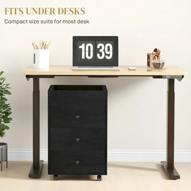 HOMCOM 3 Drawer Home Office Storage Cabinet, Office Drawer on Wheels with Removable Tray, Under Desk Printer Stand with Storage