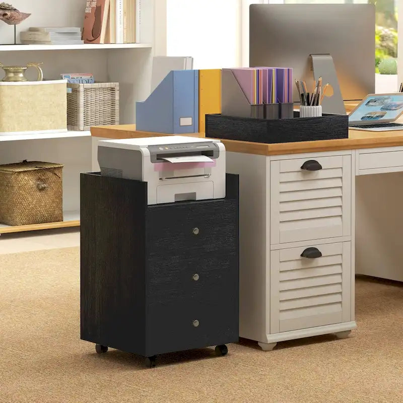 HOMCOM 3 Drawer Home Office Storage Cabinet, Office Drawer on Wheels with Removable Tray, Under Desk Printer Stand with Storage