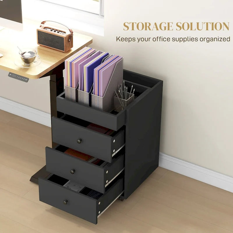 HOMCOM 3 Drawer Home Office Storage Cabinet, Office Drawer on Wheels with Removable Tray, Under Desk Printer Stand with Storage