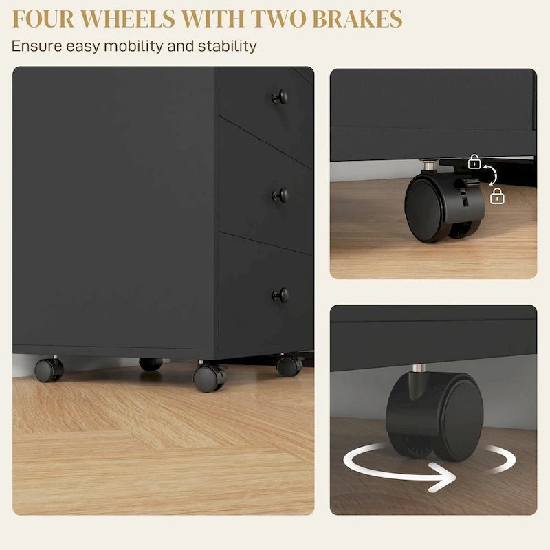 HOMCOM 3 Drawer Home Office Storage Cabinet, Office Drawer on Wheels with Removable Tray, Under Desk Printer Stand with Storage