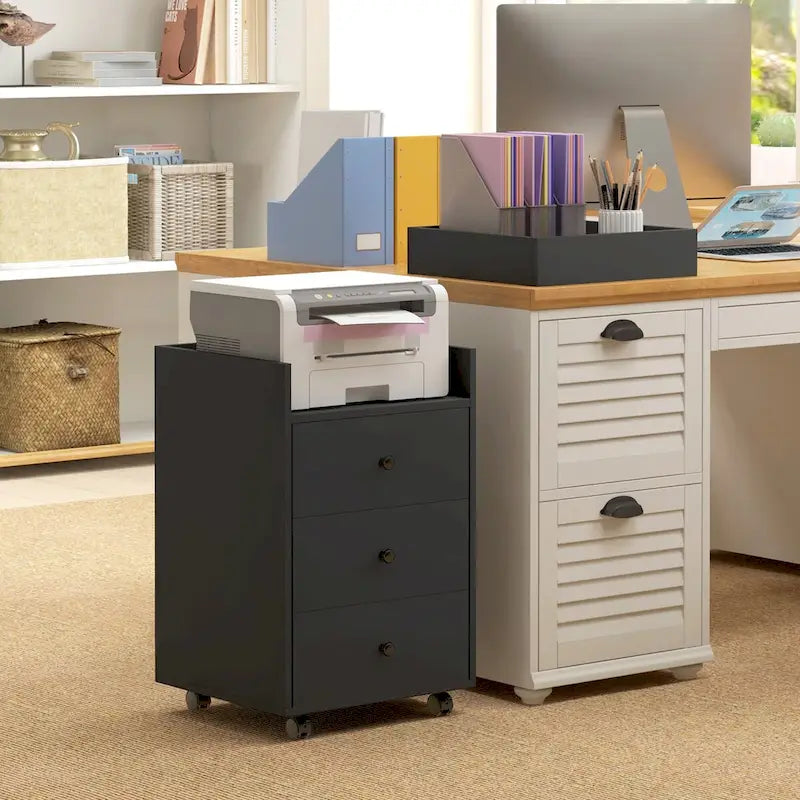 HOMCOM 3 Drawer Home Office Storage Cabinet, Office Drawer on Wheels with Removable Tray, Under Desk Printer Stand with Storage