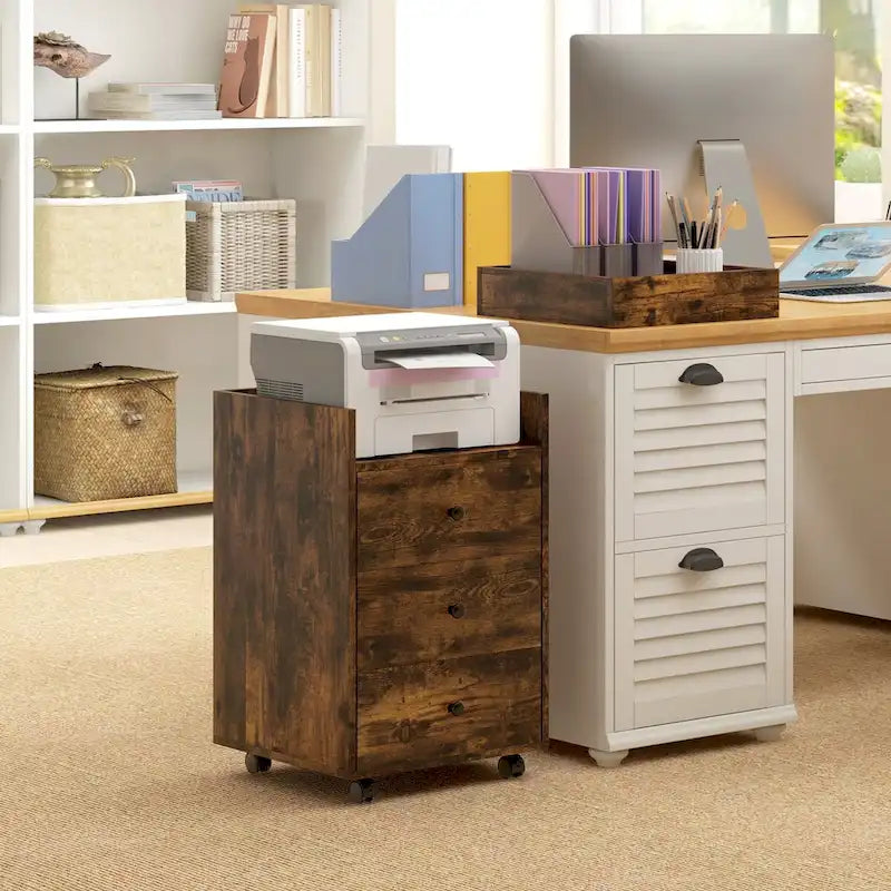 HOMCOM 3 Drawer Home Office Storage Cabinet, Office Drawer on Wheels with Removable Tray, Under Desk Printer Stand with Storage