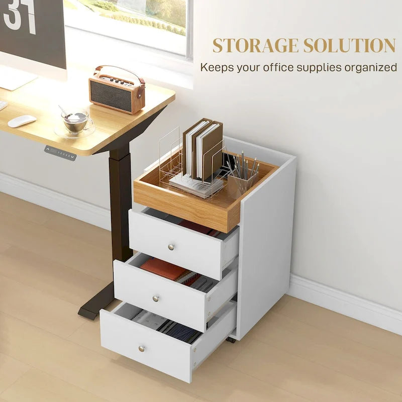 HOMCOM 3 Drawer Home Office Storage Cabinet, Office Drawer on Wheels with Removable Tray, Under Desk Printer Stand with Storage