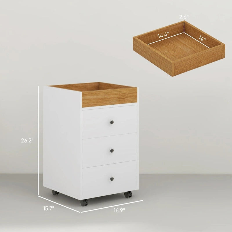 HOMCOM 3 Drawer Home Office Storage Cabinet, Office Drawer on Wheels with Removable Tray, Under Desk Printer Stand with Storage