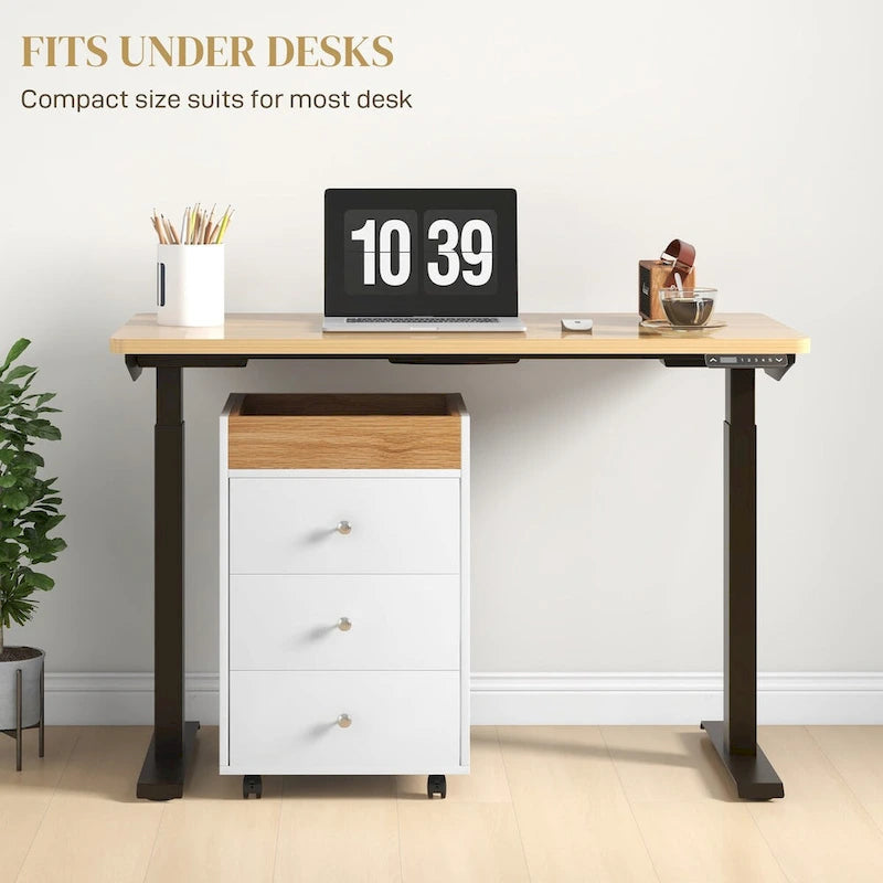 HOMCOM 3 Drawer Home Office Storage Cabinet, Office Drawer on Wheels with Removable Tray, Under Desk Printer Stand with Storage