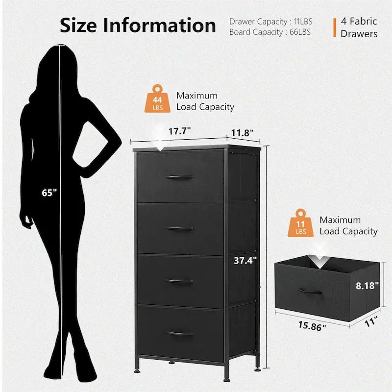 Dresser for Bedroom with 4 Fabric Drawers, Tall Chest Organizer Units for Clothing, Closet, Kidsroom, Storage Tower with Cabinet