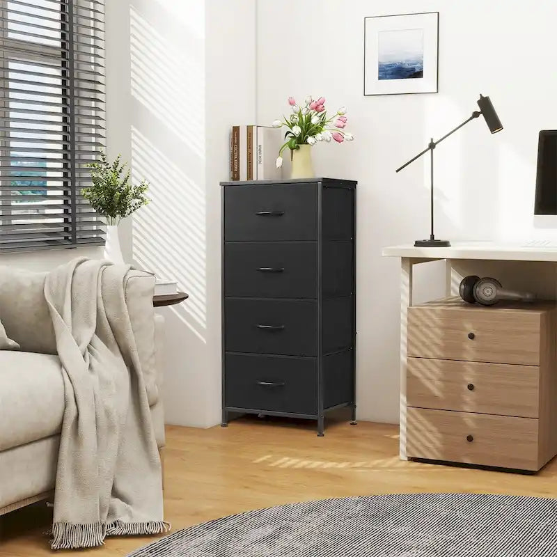 Dresser for Bedroom with 4 Fabric Drawers, Tall Chest Organizer Units for Clothing, Closet, Kidsroom, Storage Tower with Cabinet