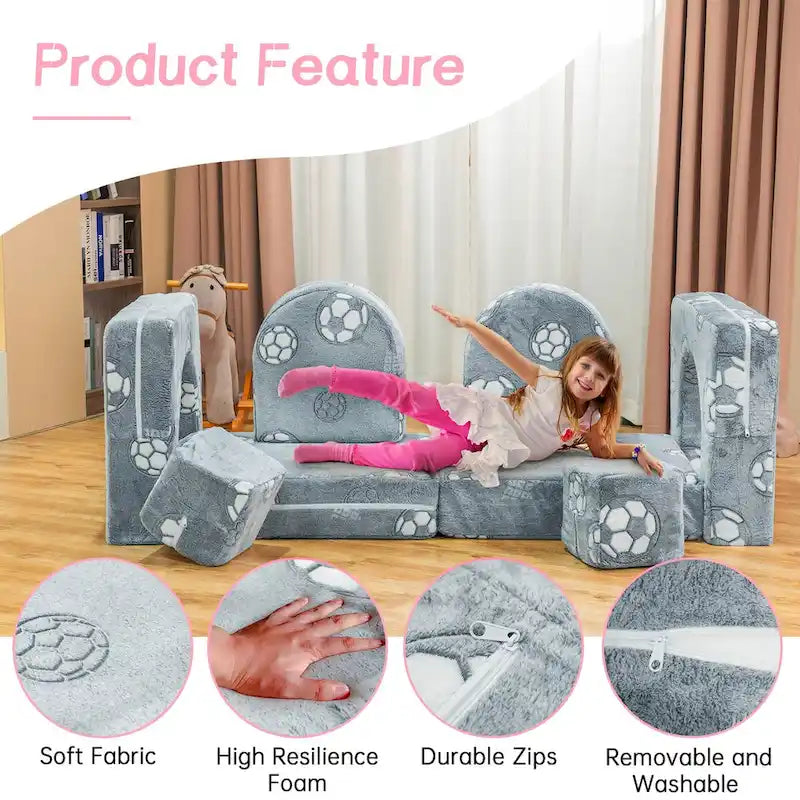Mieres Modular Kids Sofa Couch, Modular Toddler Glow Sofa, Fold Out Play Couch for Kid with 2 Seats